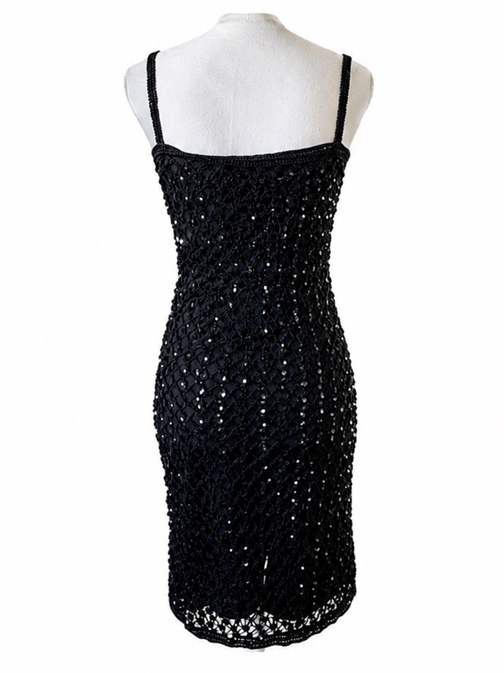 Vintage 1996 Black Sequin Crochet Dress Y2K Beaded Slip Bodycon Small - Picture 4 of 10